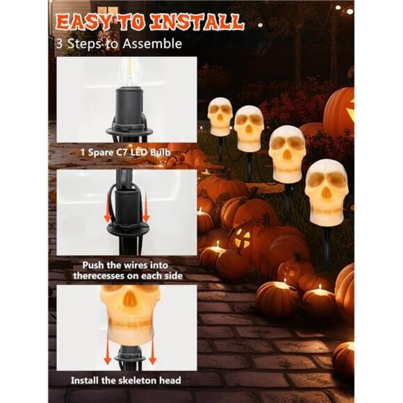 Halloween Pathway Lights Outdoor – Connectable Skull Lights Outdoor with LED C7 - Picture 3 of 8